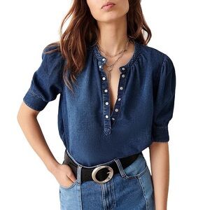 ba&sh Drake Denim Shirt Chambray Pearl Snap Buttons Top Puff Sleeve 0, 2, XS